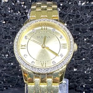 Women's (NWOT) Gold Bulova Watch with Crystal Bezel, Gold Face, and Diamonds
